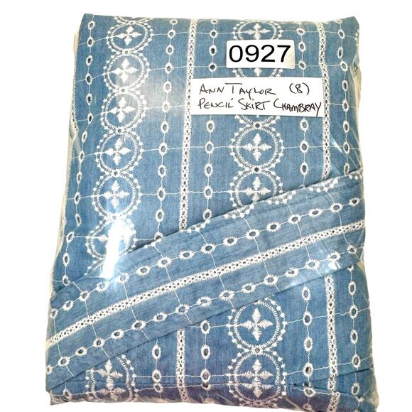 Ann Taylor Embroidered Chambray Tie Waist Pencil Skirt Eyelet Women 8 Side Slits - Picture 15 of 15